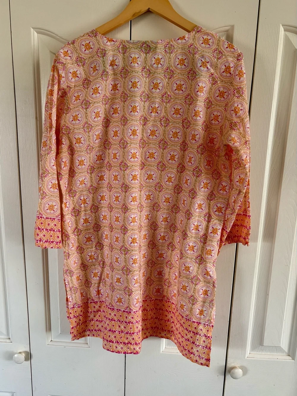 Rock Flower Paper Top Womens Large Pink Orange Cotton Tunic Boho Coastal